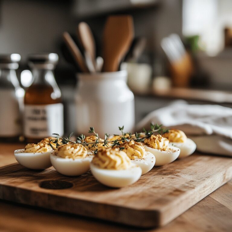A warm and inviting modern kitchen scene filled with natural light, featuring an array of deviled egg dishes presented on a stylish countertop. The background includes cooking utensils, bowls filled with fresh ingredients like eggs, herbs, and spices, and small touches like a cozy table setting. The atmosphere is friendly and homely, capturing the essence of a food blog while showcasing the culinary process without focusing on a single dish.