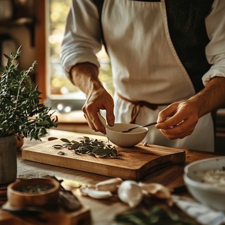 A warm and inviting modern kitchen scene featuring an array of cooking tools, fresh ingredients, and subtle hints of bay leaves scattered among utensils and bowls. The lighting is soft and natural, creating a cozy atmosphere that reflects the theme of cooking and culinary discussion. The countertops are neatly organized, showcasing a blend of homely charm and professional aesthetics, inviting viewers to explore the culinary debate at hand.