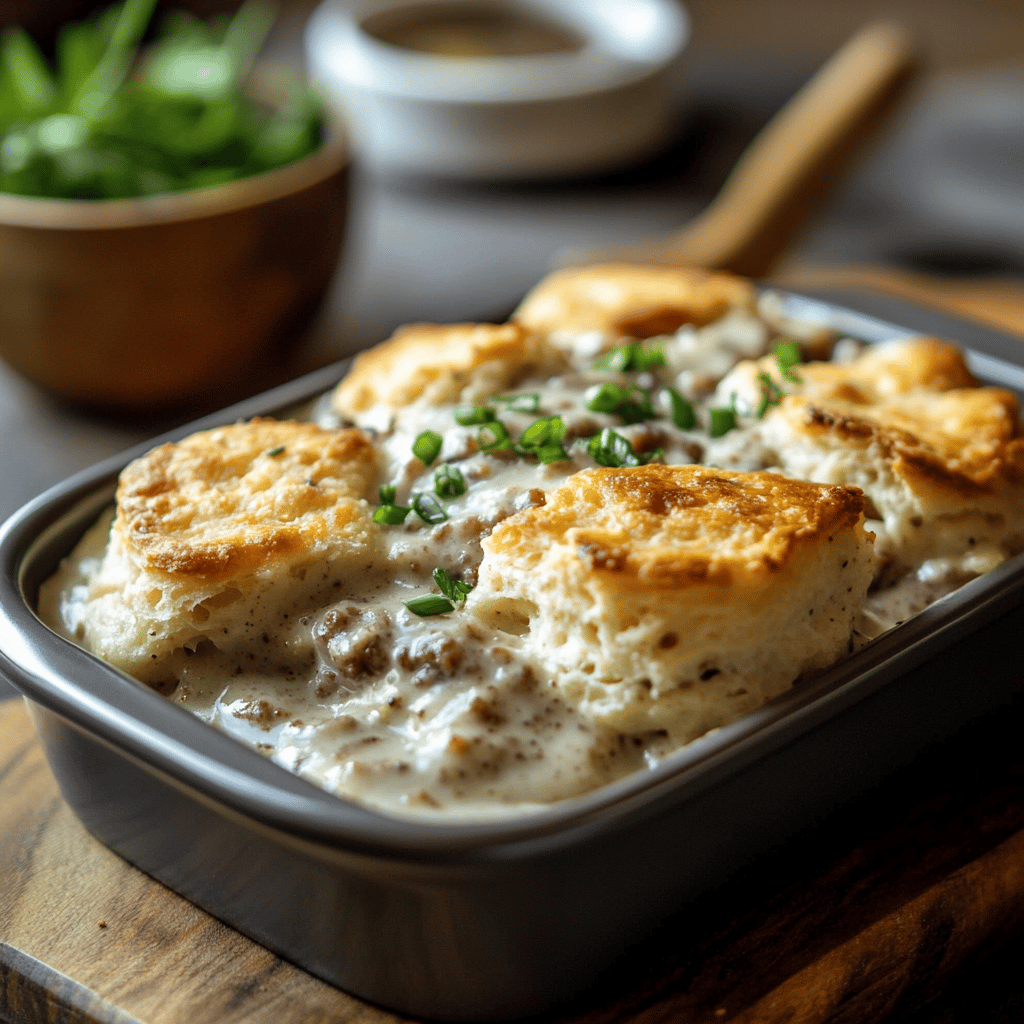 A warm and cozy modern kitchen adorned with various cooking tools and fresh ingredients, featuring a casserole dish filled with biscuits and gravy but not the main focus. Soft, natural light fills the space, highlighting utensils, bowls, and a welcoming countertop, creating an inviting atmosphere perfect for a food blog setup.