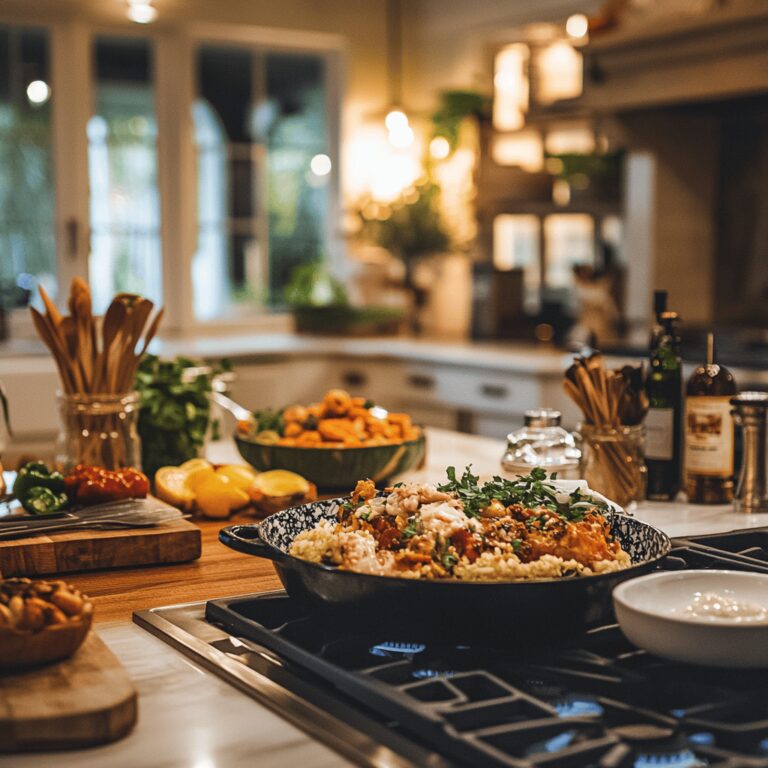 A warm and cozy modern kitchen filled with cooking tools and ingredients that evoke a sense of home and comfort. Natural light streams in, illuminating the various utensils and colorful bowls on the countertops. The scene captures the essence of a food blog post about Disney World's newest New Orleans-themed souvenir, blending inviting kitchen details with a subtle thematic nod to cooking techniques and flavors, without focusing on a specific dish.