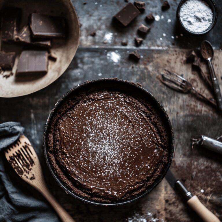 An inviting modern kitchen scene featuring a warm, cozy atmosphere. The countertop is adorned with various cooking tools and ingredients for a chocolate cake, including bowls of flour, cocoa powder, and a measuring cup. Soft, natural lighting fills the space, highlighting the details of utensils and showcasing the homely yet professional feel of the kitchen. The overall composition reflects the theme of a food blog, emphasizing the simplicity and charm of cooking with just six ingredients.