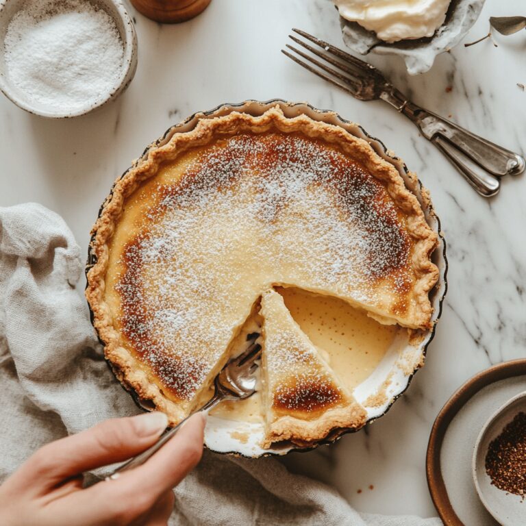 A warm and inviting modern kitchen filled with natural light, featuring a countertop adorned with cooking tools, mixing bowls, and fresh ingredients. In the background, a beautifully baked Impossible Pie sits on a cooling rack, its creamy, buttery texture visible. The scene conveys a cozy, homely atmosphere while subtly reflecting the theme of the food blog with carefully arranged kitchen utensils and a hint of the baking process.