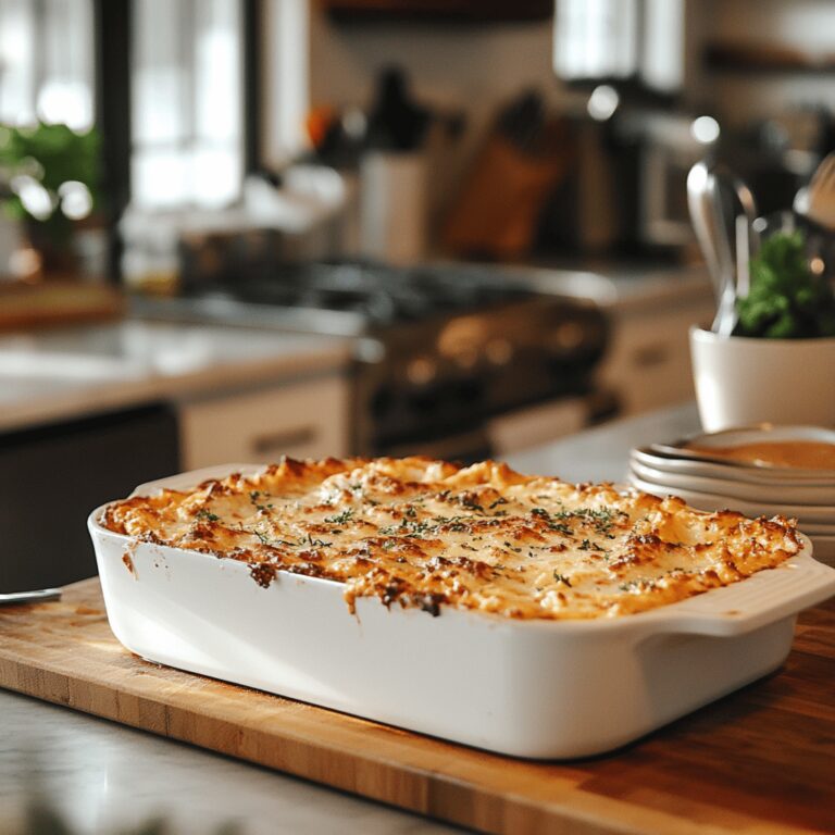 A cozy modern kitchen with natural lighting, featuring a wooden countertop scattered with various cooking utensils, bowls of fresh ingredients, and a baking dish ready to be filled, all arranged invitingly to reflect a homely yet professional atmosphere for a food blog about casseroles.