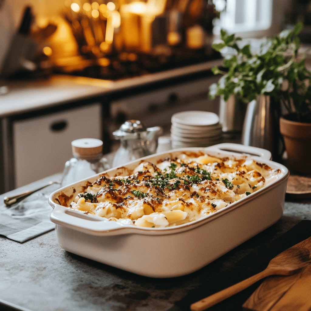 A warm, inviting kitchen scene showcasing an array of colorful ingredients and cooking tools, including bowls, utensils, and spices, arranged on a stylish countertop. The space is well-lit with soft, natural light, creating a cozy atmosphere. There are hints of casserole dishes and preparation techniques subtly integrated into the background, conveying the theme of simple, crowd-friendly cooking without focusing on a specific dish. The overall vibe is friendly and professional, inviting viewers to explore the world of easy, delicious meals.