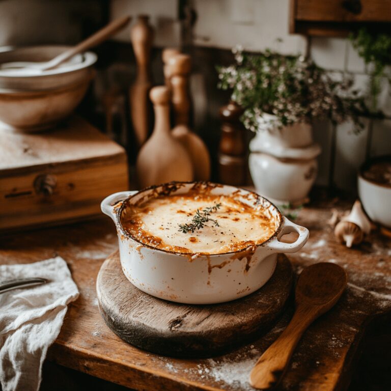 A cozy modern kitchen bathed in soft, natural light, featuring an inviting arrangement of cooking utensils, ingredients like onions and broth, and a gently simmering pot on the stove. The countertop is neatly organized with bowls and spices, reflecting a homely yet professional atmosphere, capturing the essence of simple and smart cooking techniques for French onion soup.