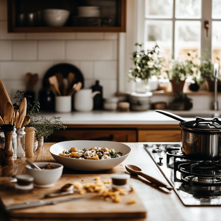 A warm, inviting modern kitchen filled with natural light, featuring a variety of cooking tools, fresh ingredients, and cheerful utensils arranged artfully on countertops. The scene conveys a cozy, homely atmosphere, suggesting the ease and simplicity of preparing meals, with bowls, spices, and a few cooking techniques subtly highlighted, all reflecting the theme of a quick Friday recipe for Lent.