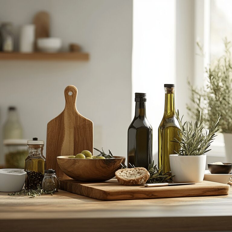 A warm and inviting kitchen scene featuring various cooking tools and ingredients, with a rustic countertop displaying a few bottles of olive oil. Some have visible signs of age like cloudiness or sediment, subtly hinting at the blog's theme. Natural light filters through a nearby window, enhancing the cozy atmosphere, while elegant utensils and bowls are neatly arranged, creating a professional yet homely feel.