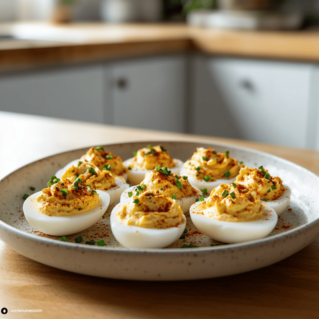 A warm, inviting modern kitchen scene featuring a variety of beautifully styled deviled egg dishes arranged on a countertop, surrounded by fresh ingredients like herbs and spices. The image includes cooking tools such as utensils, mixing bowls, and a cutting board, with soft, natural lighting creating a cozy atmosphere that reflects a passion for cooking. The background showcases a hint of kitchen decor, adding a homely yet professional touch without focusing on a single dish.