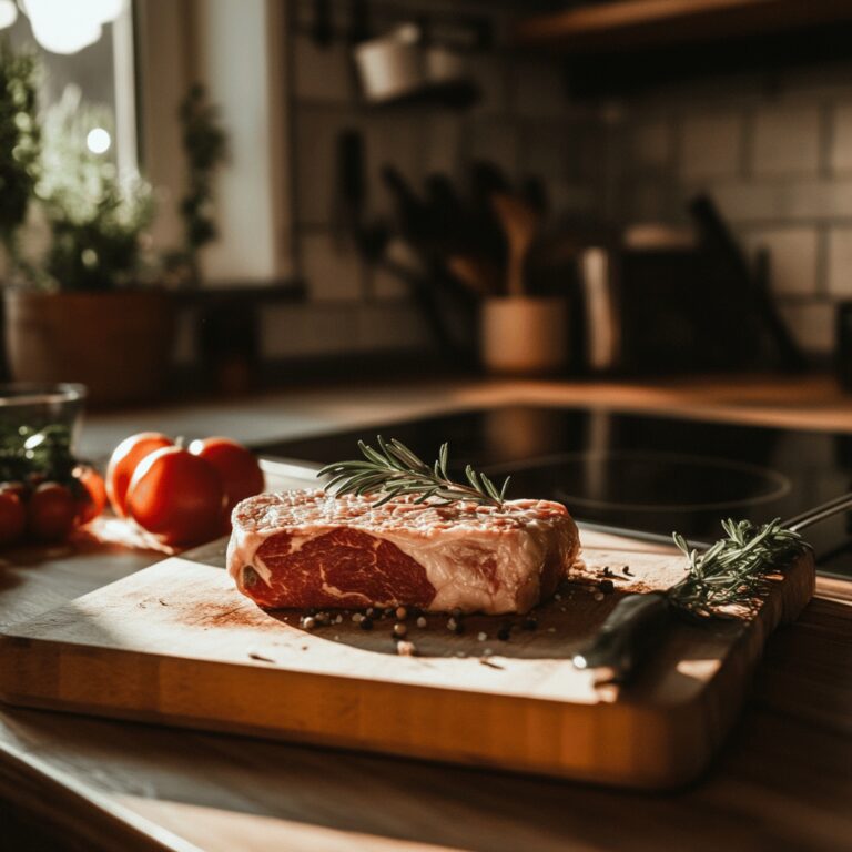 A warm, inviting modern kitchen filled with cooking tools and fresh ingredients, showcasing a cozy atmosphere. The countertops are adorned with utensils, bowls, and various meats in bloated packaging, subtly hinting at the blog's theme. Natural light filters in, creating a friendly ambiance that captures the essence of home cooking.