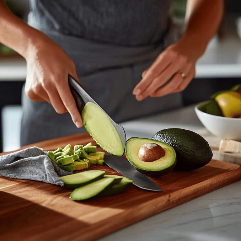 A modern kitchen with a warm, cozy vibe featuring a variety of cooking tools and ingredients for slicing avocados. The scene includes a cutting board, a sharp knife, and a bowl of ripe avocados, with natural light illuminating the countertop. Subtle details like utensils and decorative kitchen elements create a homely yet professional atmosphere, reflecting the theme of a food blog.