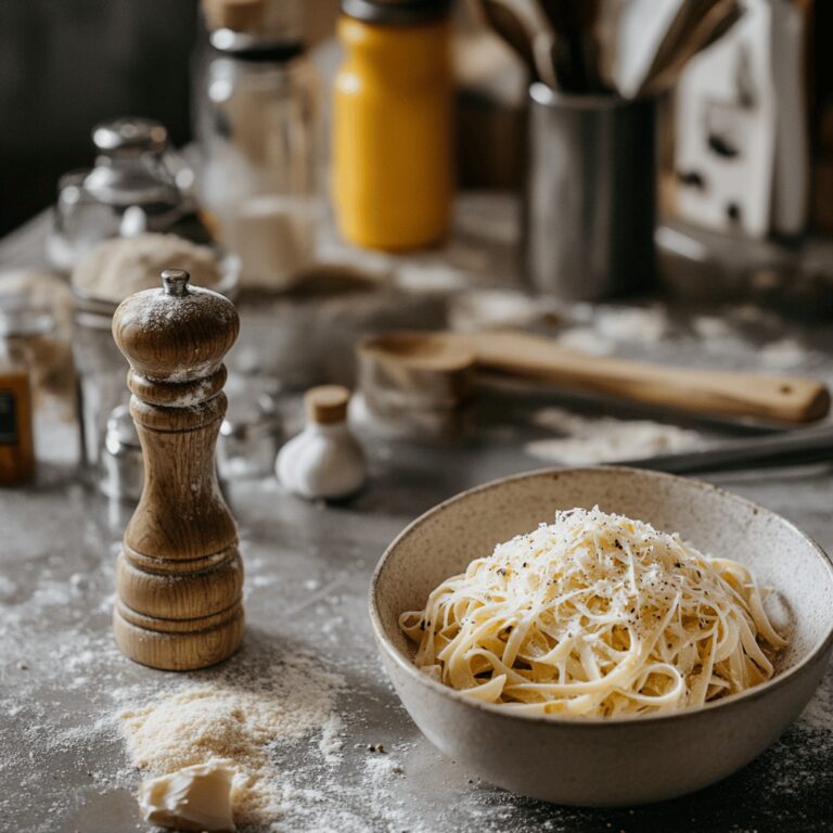 An inviting, warm-toned kitchen setting with a cozy vibe, featuring cooking tools and ingredients like cheese, pepper, and pasta scattered across a rustic countertop. The scene captures the essence of cooking with natural light illuminating various utensils and bowls, hinting at the technique for making foolproof Cacio e Pepe, while expressing a homely yet professional atmosphere.
