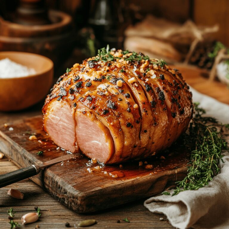 An inviting modern kitchen bathed in warm, natural light, showcasing a variety of cooking tools and ingredients neatly arranged on the countertops. The scene features a wooden cutting board with fresh herbs, a set of colorful mixing bowls, and professional-grade utensils, all creating a cozy yet sophisticated atmosphere that reflects the theme of keeping baked ham moist.