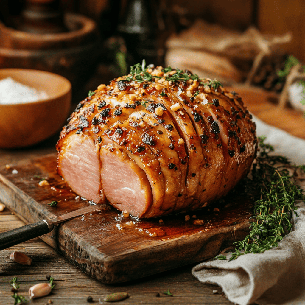 An inviting modern kitchen bathed in warm, natural light, showcasing a variety of cooking tools and ingredients neatly arranged on the countertops. The scene features a wooden cutting board with fresh herbs, a set of colorful mixing bowls, and professional-grade utensils, all creating a cozy yet sophisticated atmosphere that reflects the theme of keeping baked ham moist.