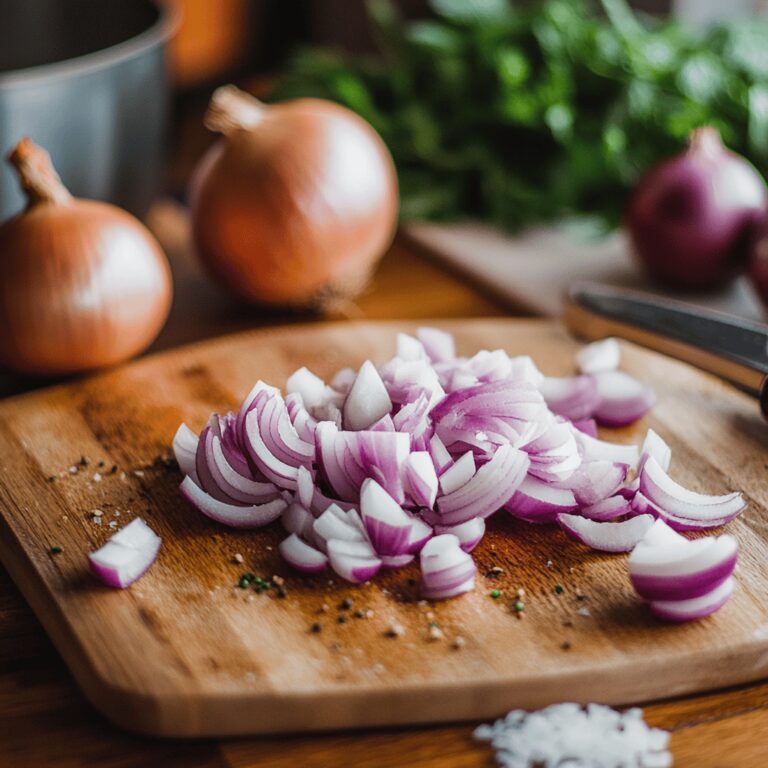 An inviting modern kitchen with a warm and cozy vibe, featuring a wooden countertop adorned with a cutting board, a sharp knife poised next to a diced onion. Soft, natural lighting streams in, highlighting various cooking tools like a set of measuring spoons, colorful ingredient jars, and a fresh herb plant in the background. The scene subtly suggests the art of cooking without focusing on a specific dish, evoking a homely yet professional atmosphere perfect for a food blog.