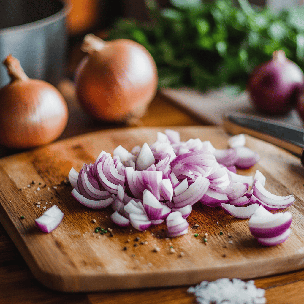 An inviting modern kitchen with a warm and cozy vibe, featuring a wooden countertop adorned with a cutting board, a sharp knife poised next to a diced onion. Soft, natural lighting streams in, highlighting various cooking tools like a set of measuring spoons, colorful ingredient jars, and a fresh herb plant in the background. The scene subtly suggests the art of cooking without focusing on a specific dish, evoking a homely yet professional atmosphere perfect for a food blog.