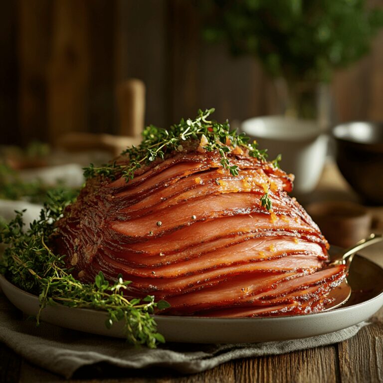 An inviting modern kitchen with warm lighting, featuring a wooden countertop with a whole ham placed on a cutting board. Surrounding the ham are various cooking tools, including a sharp carving knife and utensils, alongside bowls filled with fresh herbs and spices. The cozy atmosphere is enhanced by subtle decorative elements, like a plant on the windowsill and neatly arranged kitchenware, reflecting a friendly and professional vibe suitable for a food blog post about slicing ham.