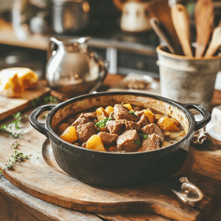 An inviting and visually appealing kitchen scene featuring ingredients and cooking tools for Dublin Coddle, with a warm, cozy vibe created by natural lighting. The image includes utensils, bowls, and countertops, reflecting a homely yet professional atmosphere, embodying the themes of comfort food and home cooking.