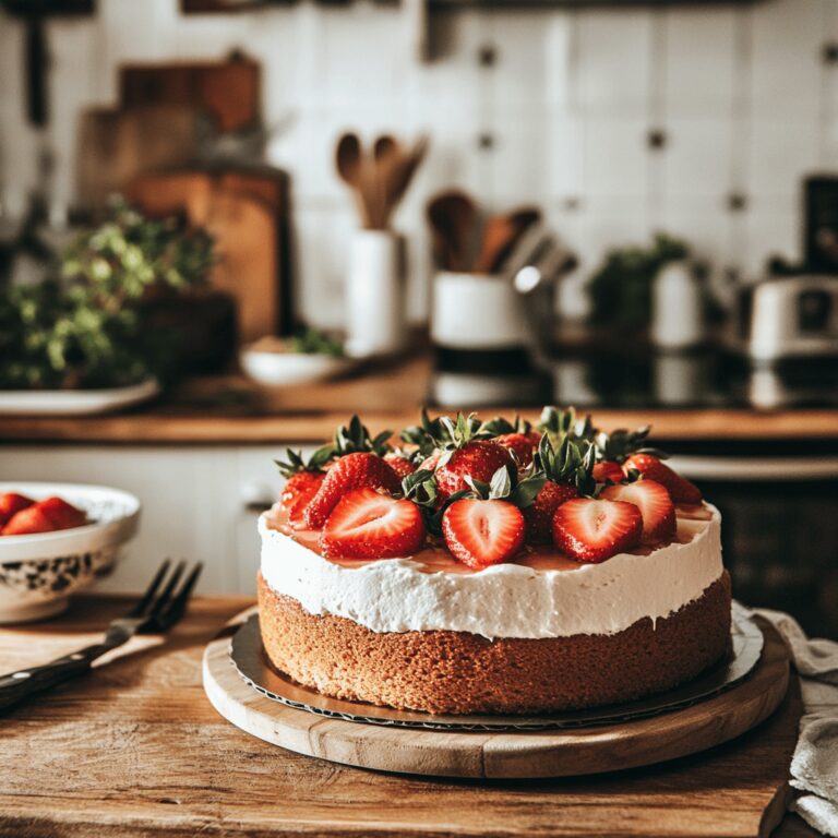 A warm and inviting modern kitchen scene featuring an array of strawberry cakes displayed on a counter, surrounded by fresh strawberries, baking utensils, mixing bowls, and kitchen tools. Soft, natural lighting enhances the cozy atmosphere, while subtle cooking elements reflect the blog's theme of family-friendly recipes. The overall composition feels homely yet professional, inviting viewers to explore the delicious strawberry cake recipes.
