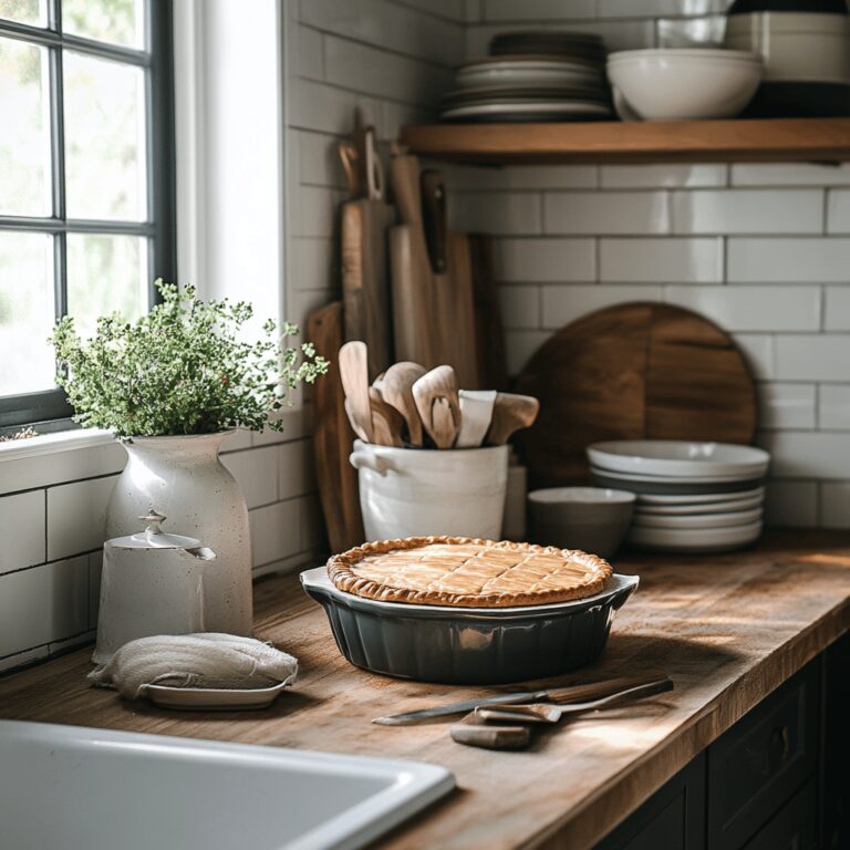 A warm, inviting kitchen scene featuring a variety of cooking tools, fresh ingredients, and baking utensils arranged thoughtfully on a countertop. Soft, natural light fills the space, highlighting textures and colors that evoke a cozy atmosphere. The setting subtly suggests the theme of comfort food, with hints of rustic charm and modern design elements, creating a visually appealing backdrop for a food blog about the timeless appeal of Robert Redford Pie.