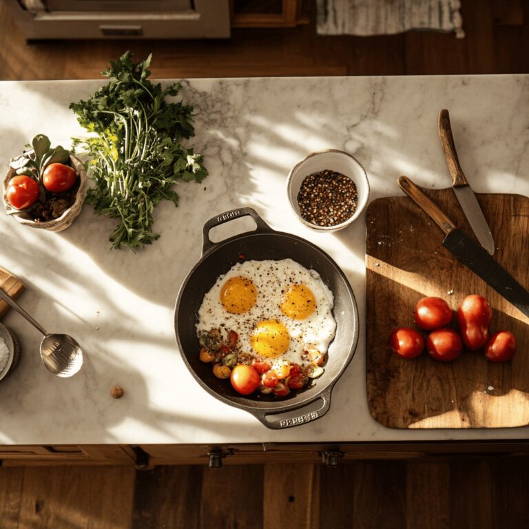 A warm and cozy modern kitchen filled with natural light, featuring a variety of cooking tools, fresh ingredients, and kitchen utensils scattered around. The scene captures a homely yet professional ambiance, with bowls and countertops neatly arranged, subtly reflecting the theme of brunch recipes without focusing on a specific dish. The overall vibe is inviting and appealing, perfect for a food blog post.