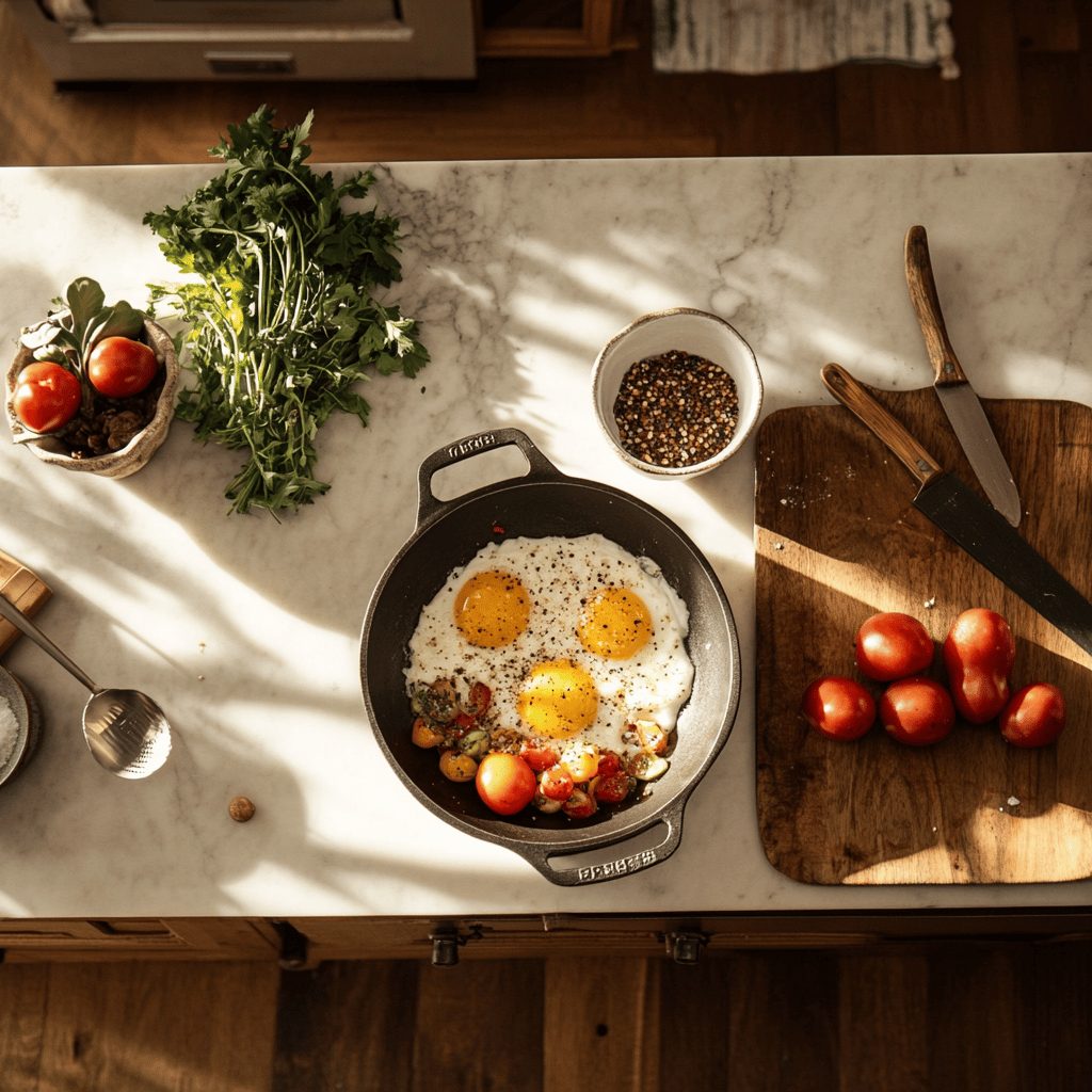 A warm and cozy modern kitchen filled with natural light, featuring a variety of cooking tools, fresh ingredients, and kitchen utensils scattered around. The scene captures a homely yet professional ambiance, with bowls and countertops neatly arranged, subtly reflecting the theme of brunch recipes without focusing on a specific dish. The overall vibe is inviting and appealing, perfect for a food blog post.