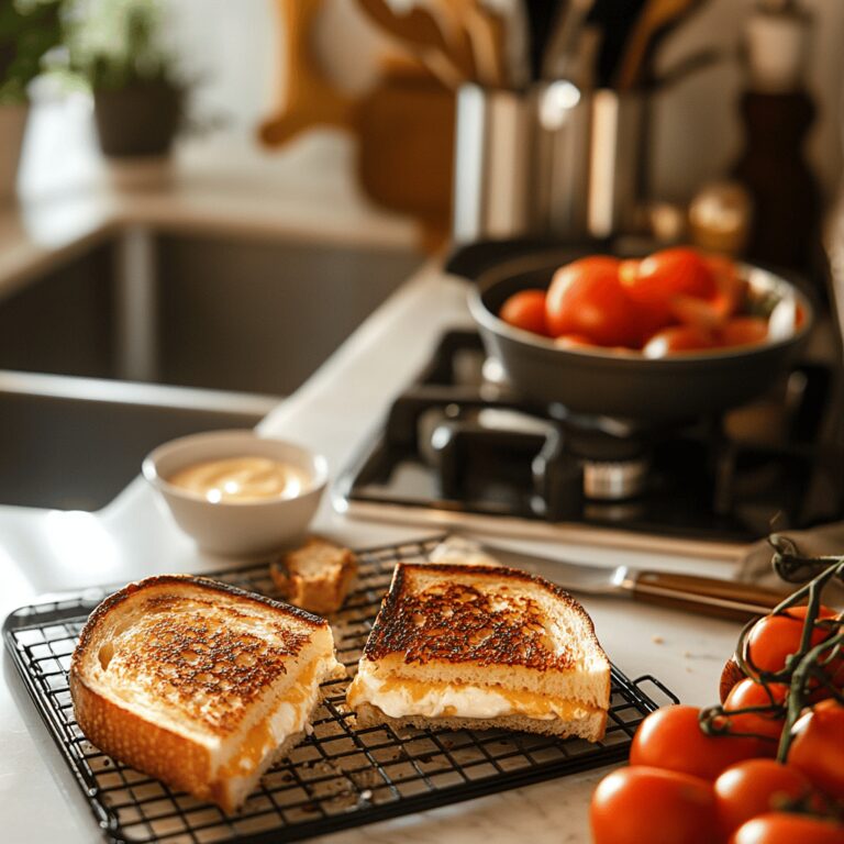 A warm and inviting kitchen scene featuring a modern countertop with a skillet, a jar of mayonnaise, and various ingredients like bread, cheese, and fresh herbs arranged artfully. Soft, natural lighting streams in, highlighting cooking utensils and bowls, creating a cozy atmosphere perfect for a food blog.