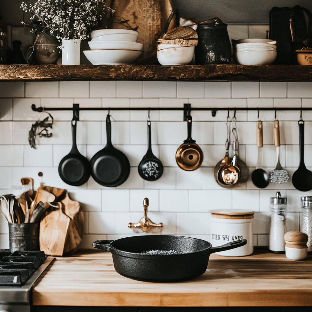 A warm and inviting modern kitchen scene featuring a well-used cast iron skillet on a countertop, surrounded by various cooking utensils, fresh ingredients like herbs and vegetables, and a gentle play of natural light coming through a window. The atmosphere is cozy and professional, reflecting a homely yet stylish cooking space, with hints of cleaning tools subtly included to represent the theme of maintaining cast iron cookware.