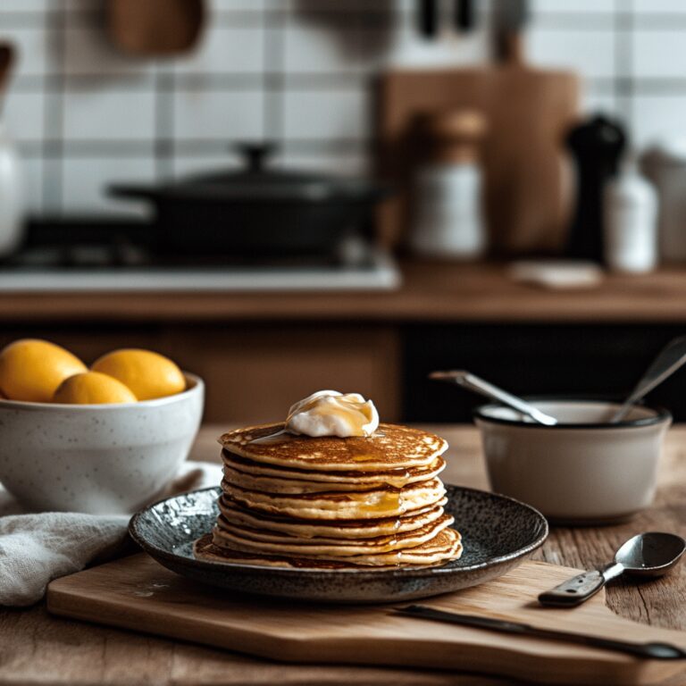 A cozy modern kitchen scene featuring an assortment of pancake ingredients and cooking tools arranged on a countertop, with bowls, utensils, and subtle hints of different pancake recipes. The lighting is warm and natural, creating an inviting atmosphere that complements a food blog about popular pancake recipes, without focusing on any single dish.
