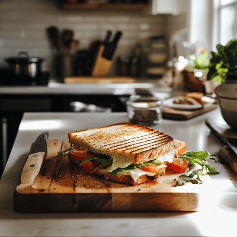 A warm, cozy modern kitchen filled with natural light, featuring a countertop adorned with vibrant ingredients for a simple sandwich, including fresh bread, a jar of spread, and fresh greens. Cooking utensils and bowls are artfully arranged in the background, creating an inviting atmosphere that reflects the theme of a food blog. The scene captures a homey yet professional vibe, highlighting the joy of simple cooking without focusing on a single dish.