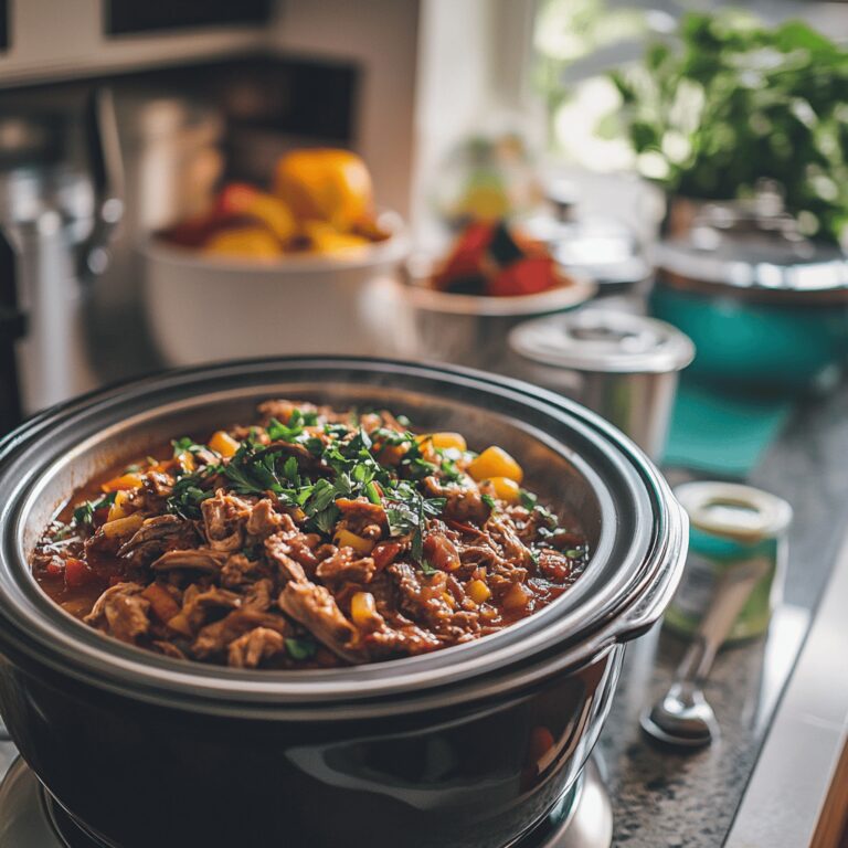 A warm, inviting modern kitchen filled with cooking tools and ingredients, showcasing a cozy atmosphere. Soft, natural lighting bathes the countertop where various utensils and bowls are arranged, subtly hinting at a slow cooker while creating an inviting space. The scene embodies a homely, professional vibe, ideal for a food blog about crowd-pleasing recipes.