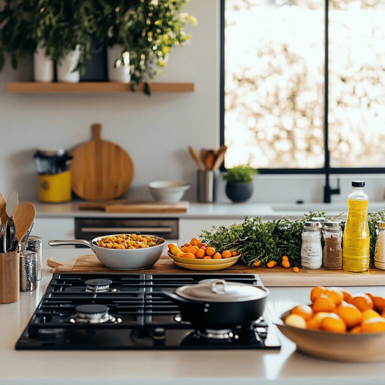 An inviting modern kitchen with a warm, cozy ambiance, featuring a well-organized stovetop and various cooking tools, ingredients in bowls, and utensils scattered around. The lighting is natural and friendly, enhancing the homely yet professional feel of the space, reflecting the theme of maintaining a clean and welcoming cooking environment.