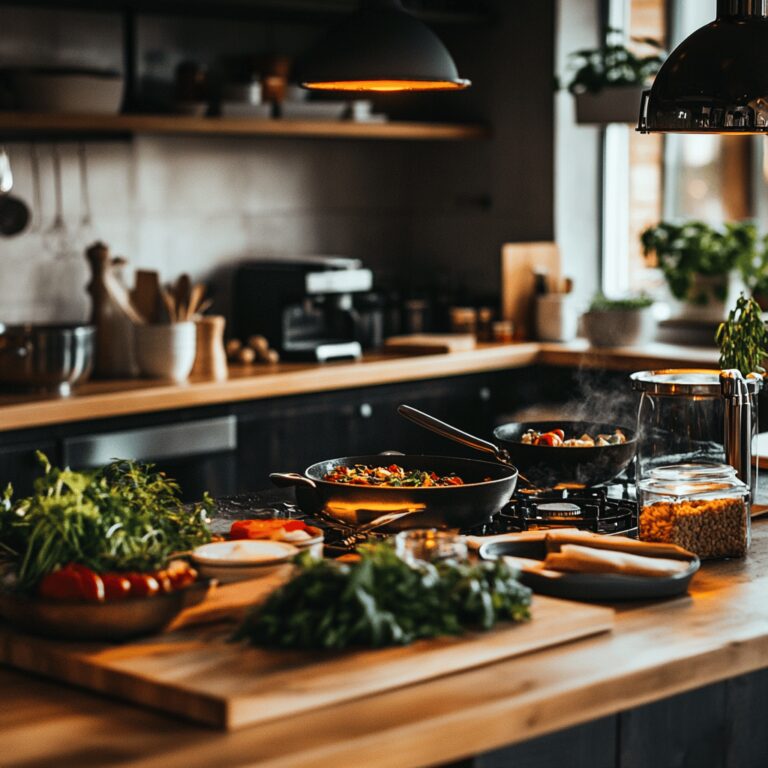 A warm and cozy modern kitchen filled with cooking tools, fresh ingredients, and subtle hints of food preparation. The scene captures a friendly, inviting atmosphere, featuring well-organized utensils, colorful bowls, and a clean countertop, all under natural, soft lighting that creates a homely yet professional vibe, emphasizing the theme of discerning when to leave a restaurant.