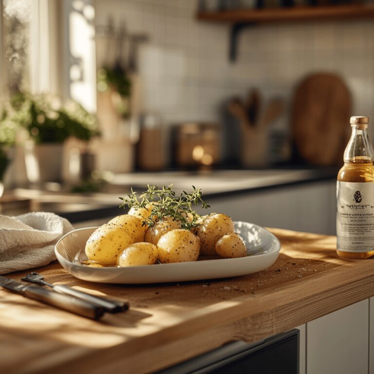 A warm and inviting modern kitchen is captured, featuring a mix of cooking utensils, fresh ingredients, and cozy decor. The countertops are tidy with a wooden cutting board, a bowl of unpeeled potatoes, and a few herbs scattered around. Soft, natural light streams in through a window, illuminating the space and creating a friendly atmosphere. The background hints at a Lipton box, subtly connecting to the recipe theme, while decorative elements like a pot and colorful dish towels enhance the cozy vibe. The overall composition feels organic and welcoming, embodying the essence of home cooking.
