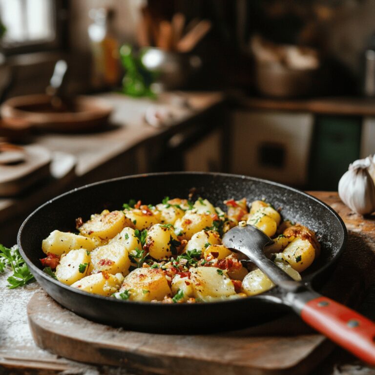 A warm and cozy modern kitchen scene featuring a variety of cooking tools and ingredients associated with traditional British cuisine, with subtle hints of the Bubble and Squeak recipe. The image showcases a wooden countertop adorned with fresh vegetables, potatoes, and scattered herbs. Utensils hang on the wall, and natural light filters in through a nearby window, illuminating the inviting atmosphere. The space feels homely yet professional, with carefully arranged details that evoke the charm of a nearly 300-year-old recipe.
