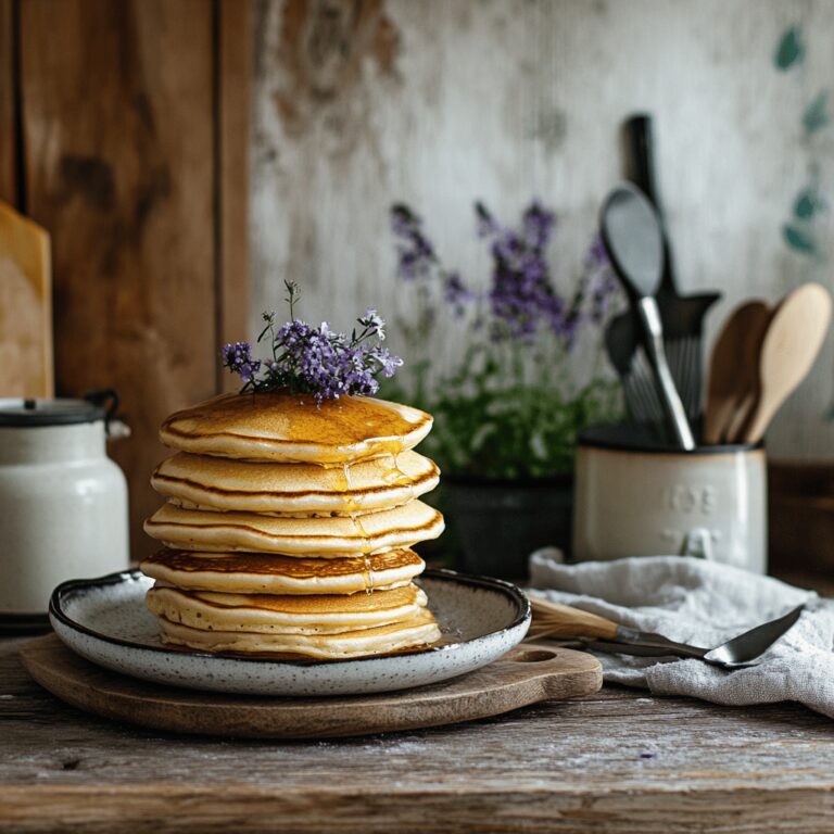 A cozy, modern kitchen scene featuring various cooking tools and ingredients for making fluffy pancakes, with warm, natural lighting. The countertops display mixing bowls, measuring cups, and scattered flour, while utensils hang in the background. The overall atmosphere invites the viewer into a homely yet professional cooking space, emphasizing the theme of traditional cooking wisdom.