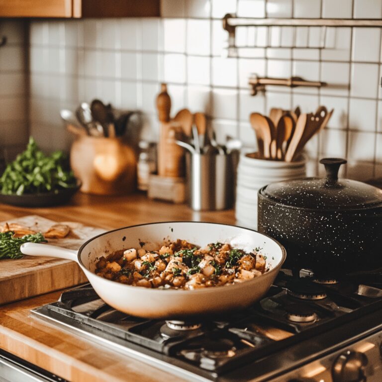 A warm, inviting modern kitchen featuring a variety of cooking tools and ingredients, with a cozy ambiance. The scene includes wooden countertops, colorful bowls, and elegant utensils, subtly hinting at the theme of a vintage cookbook without centering on a single dish. Natural, friendly lighting enhances the homely yet professional atmosphere, making the space feel welcoming for a food blog audience.