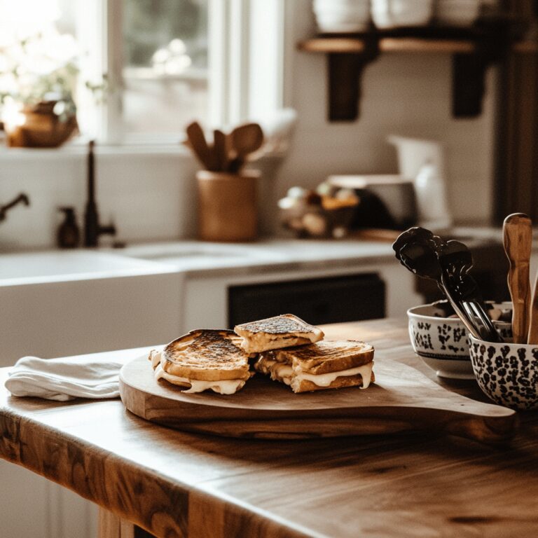 A warm and cozy modern kitchen scene filled with cooking tools, ingredients, and various utensils, depicting a friendly atmosphere. The countertop is adorned with an array of colorful ingredients like bread, cheese, and fresh vegetables, while pots and pans are neatly arranged. Soft, natural lighting creates an inviting ambiance, reflecting the theme of homemade cooking for a crowd, without focusing on a single dish.