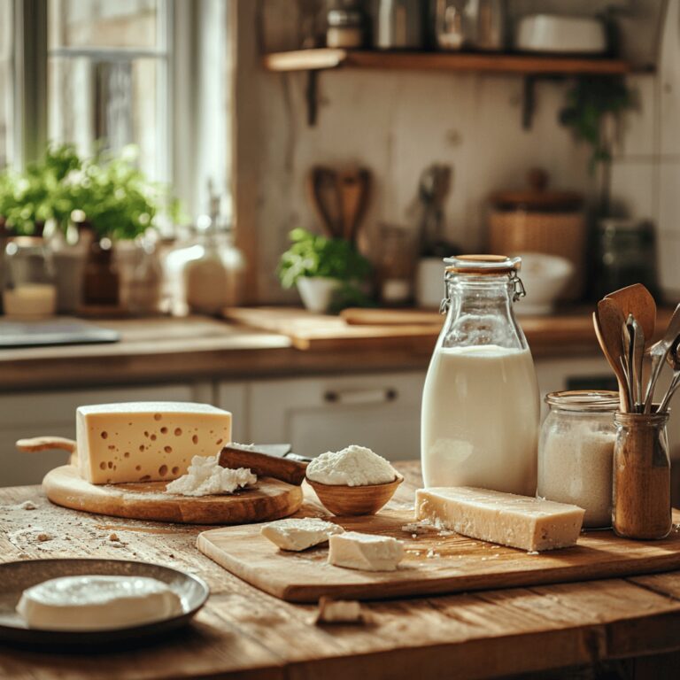 A cozy, modern kitchen featuring various expired dairy products arranged artistically on a countertop, surrounded by cooking utensils, bowls, and ingredients. Soft, natural lighting highlights the scene, emphasizing a warm and inviting atmosphere. Subtle cues reflect the theme of food safety and exploration, while the overall composition maintains a professional yet homely feel.