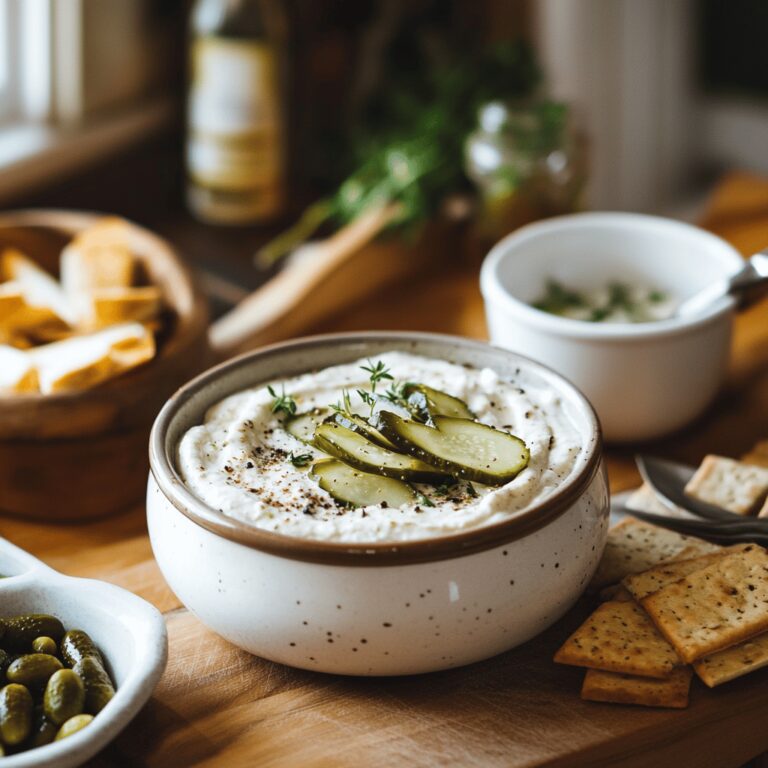 An inviting modern kitchen scene showcasing a variety of cooking tools and ingredients for a food blog, featuring warm lighting, cozy decor, and elements like utensils, bowls, and countertops, alluding to a quick and easy pickle dip recipe.
