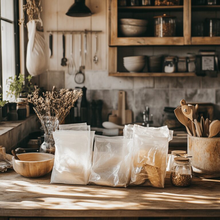 An inviting kitchen scene featuring various cooking utensils, ingredients, and plastic bags on a countertop, illuminated by warm, natural light, creating a cozy atmosphere. The background subtly highlights the theme of reusing plastic bags, with a mix of vibrant vegetables and neatly arranged containers, enhancing the professional yet homely feel of the space.