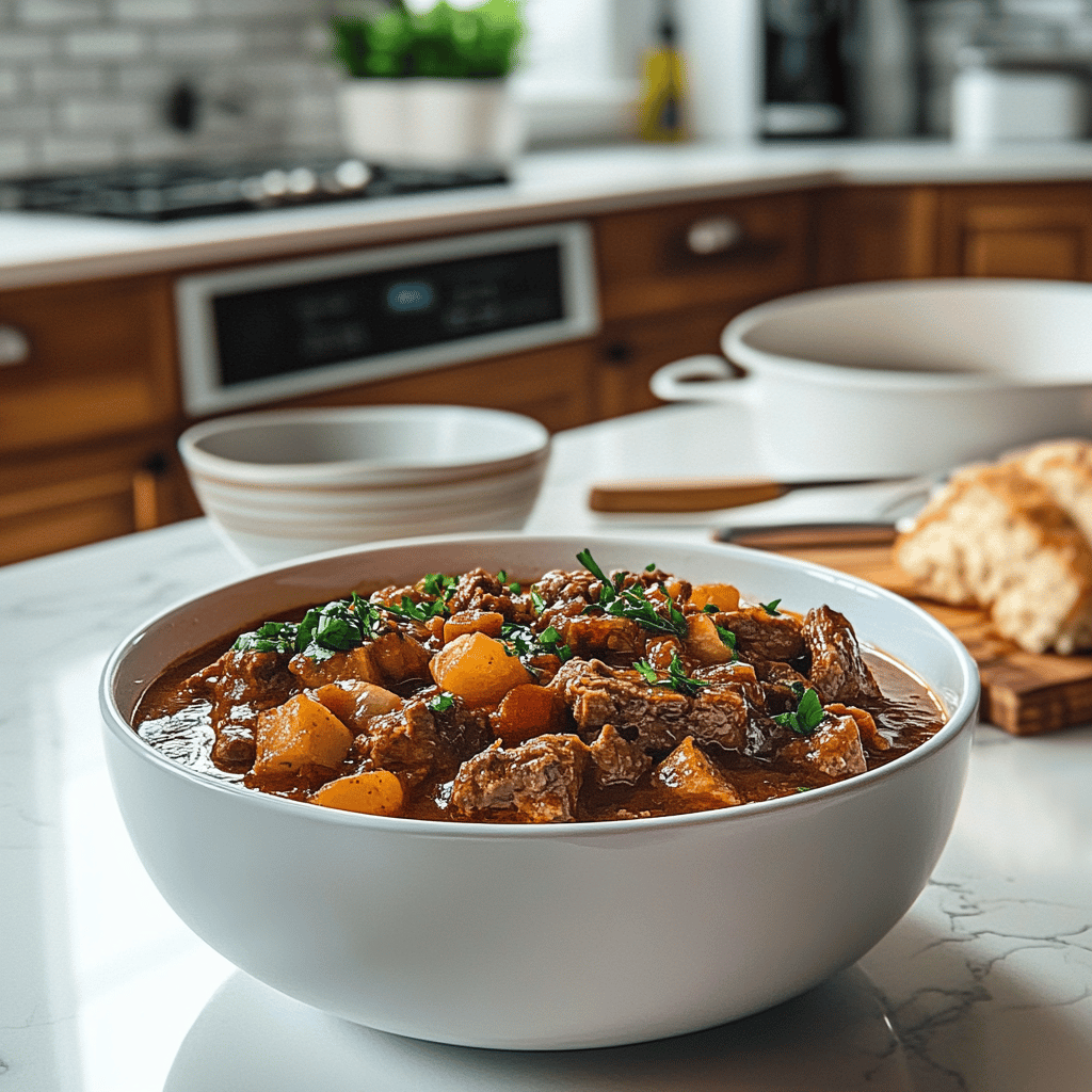 A warm and cozy modern kitchen scene featuring a variety of cooking utensils, bowls filled with fresh ingredients, and a slow cooker prominently placed on the countertop. The lighting is soft and natural, creating an inviting atmosphere that reflects a friendly cooking environment, with subtle hints of the blog's theme throughout the space.