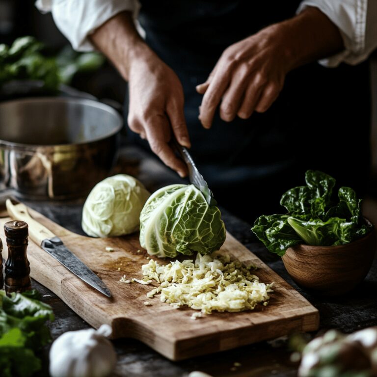 A warm and inviting modern kitchen filled with natural light, showcasing a variety of cooking tools, bowls, and ingredients related to cabbage preparation. The scene features a mix of neatly organized utensils on a countertop, vibrant fresh cabbage heads, and spices, all arranged in a cozy, homely manner that evokes a sense of culinary creativity and comfort. The atmosphere is friendly and inviting, perfect for a food blog about cooking techniques.