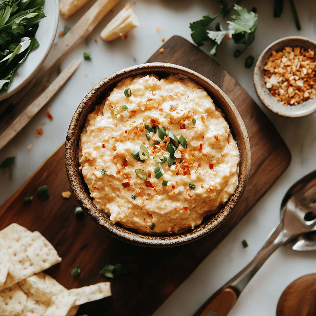 A modern kitchen exuding a warm and cozy vibe, featuring cooking utensils, fresh ingredients, and various bowls on a countertop. The lighting is natural and friendly, creating an inviting atmosphere that reflects a food blog theme. Subtle hints suggest a pimento cheese recipe, with an emphasis on the cooking process rather than a single dish.