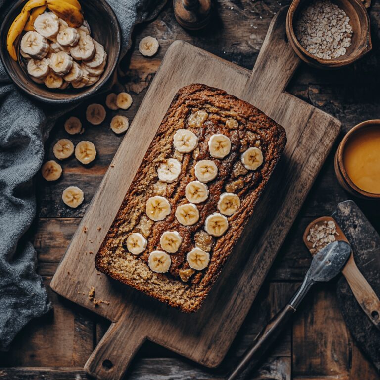 A warm and inviting kitchen scene featuring banana bread ingredients like ripe bananas, flour, and brown sugar on a rustic countertop. Cozy cooking utensils, mixing bowls, and a wooden cutting board are artistically arranged. Natural light flows in through a window, casting a friendly glow over the setting. The overall atmosphere conveys both homeliness and professionalism, with subtle hints of the blog's theme woven throughout the image.
