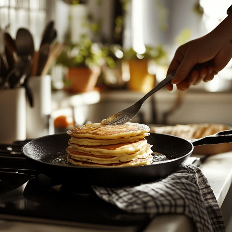 A warm and inviting modern kitchen filled with soft natural light, featuring a rustic wooden countertop adorned with various cooking utensils, bowls of fresh ingredients, and a stack of fluffy pancakes. The background includes subtle hints of cooking tools and a cozy atmosphere, reflecting a homely yet professional vibe, perfect for a food blog about popular pancake recipes.