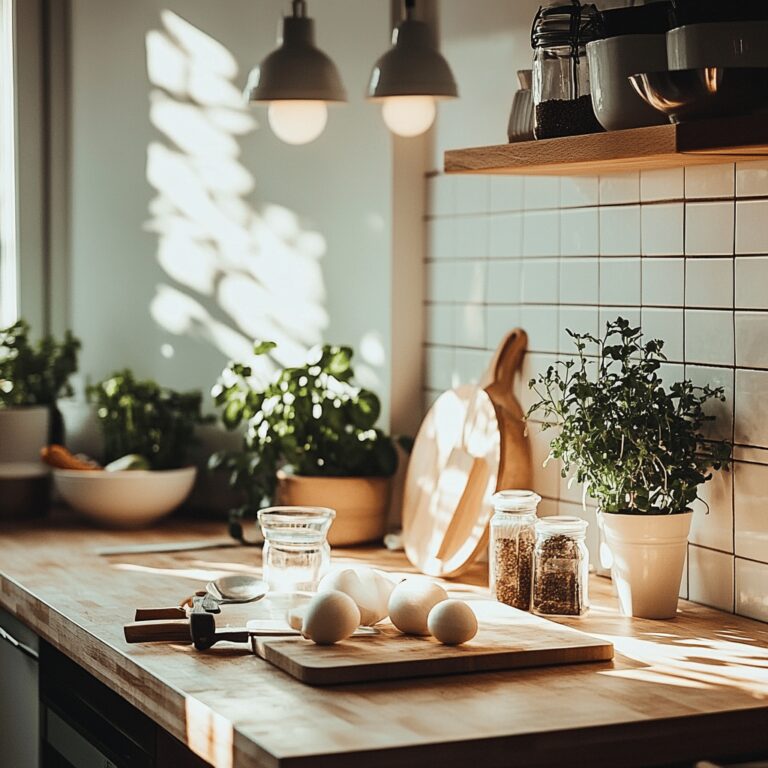A warm, inviting modern kitchen scene featuring various cooking utensils, colorful ingredients, and neatly arranged bowls on countertops. Soft, natural lighting fills the space, highlighting the homely yet professional atmosphere. Subtle details hint at the blog's theme of kitchen hygiene, such as a spotlight on frequently overlooked areas like cutting boards or sponges, without showcasing a specific dish.