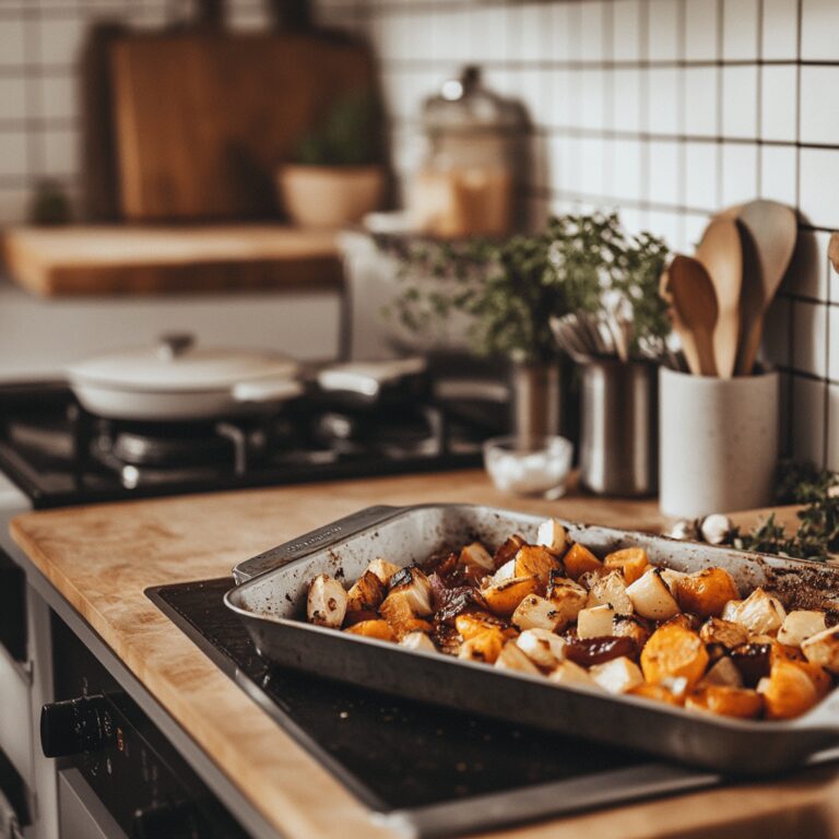 A cozy, modern kitchen filled with fresh vegetables and cooking tools, showcasing colorful, crispy roasted vegetables on a rustic wooden countertop. Soft natural light bathes the scene, highlighting inviting utensils, bowls, and fresh herbs, creating a warm atmosphere that reflects a welcoming space for cooking.