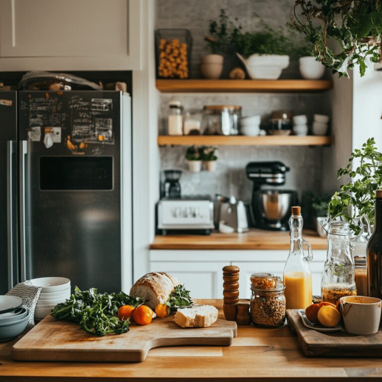A warm and inviting modern kitchen filled with cooking tools and ingredients, featuring a well-organized countertop with an array of colorful bowls, utensils, and a hint of leftovers in the background. The lighting is natural and friendly, creating a cozy atmosphere that reflects a food blog's theme, emphasizing the importance of food safety without focusing on a specific dish.