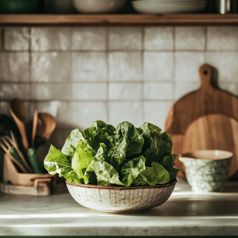 A cozy modern kitchen scene featuring fresh lettuce in a bowl on the countertop, surrounded by various cooking utensils and ingredients. Natural light streams in, highlighting a subtle trick for keeping lettuce crisp, with hints of vibrant colors from fresh vegetables nearby. The overall atmosphere is warm and inviting, perfect for a food blog.