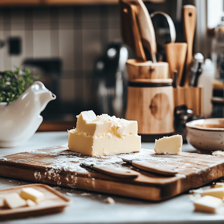 A warm, inviting kitchen scene featuring various cooking tools and ingredients scattered on a countertop, with a focus on a butter dish and softened butter. Soft, natural lighting illuminates the space, highlighting a cozy atmosphere. Utensils and bowls are arranged neatly, creating a homely yet professional setting, with a subtle emphasis on baking techniques and practices.